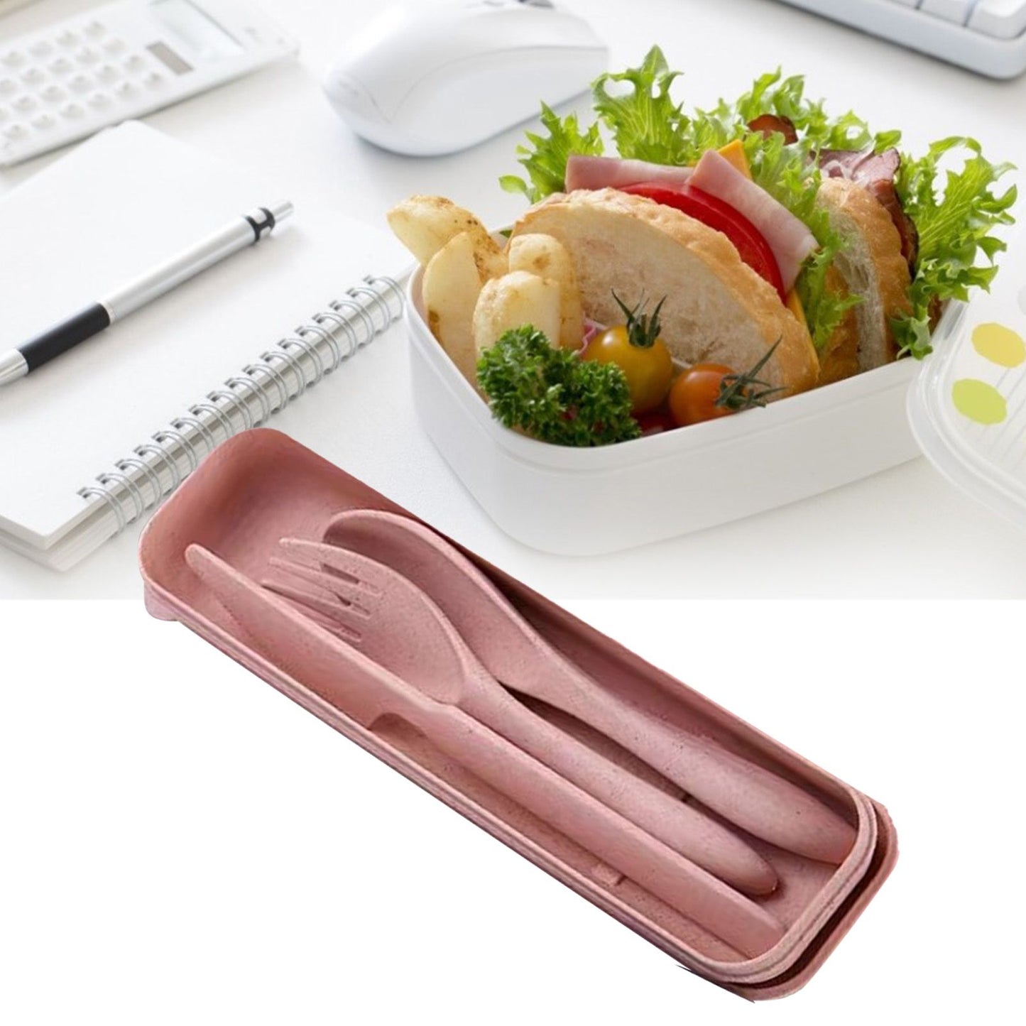 Wheat Straw Cutlery Set Modern Portable Fork Spoon Knife Tableware with Box for Office School Picnic Pink V1294-YM0512-3118220277311