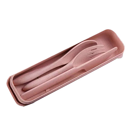 Wheat Straw Cutlery Set Modern Portable Fork Spoon Knife Tableware with Box for Office School Picnic Pink V1294-YM0512-3118220277311