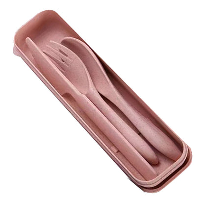 Wheat Straw Cutlery Set Modern Portable Fork Spoon Knife Tableware with Box for Office School Picnic Pink V1294-YM0512-3118220277311