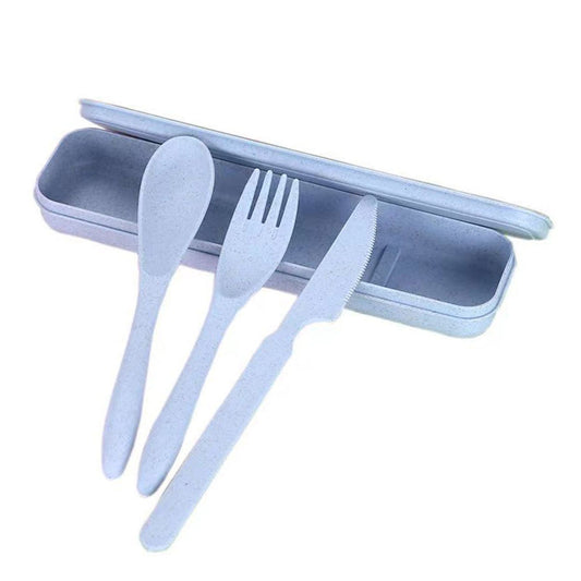Wheat Straw Cutlery Set Modern Portable Fork Spoon Knife Tableware with Box for Office School Picnic Blue V1294-YM0512-3118220277312