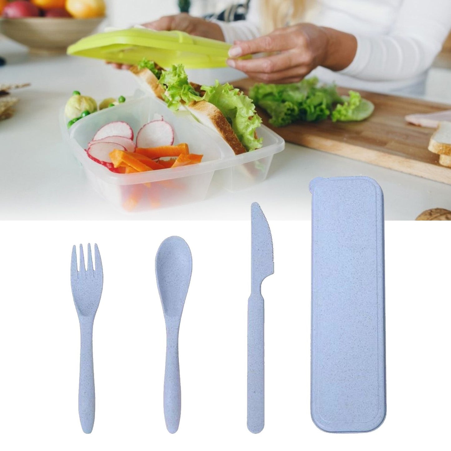 Wheat Straw Cutlery Set Modern Portable Fork Spoon Knife Tableware with Box for Office School Picnic Blue V1294-YM0512-3118220277312