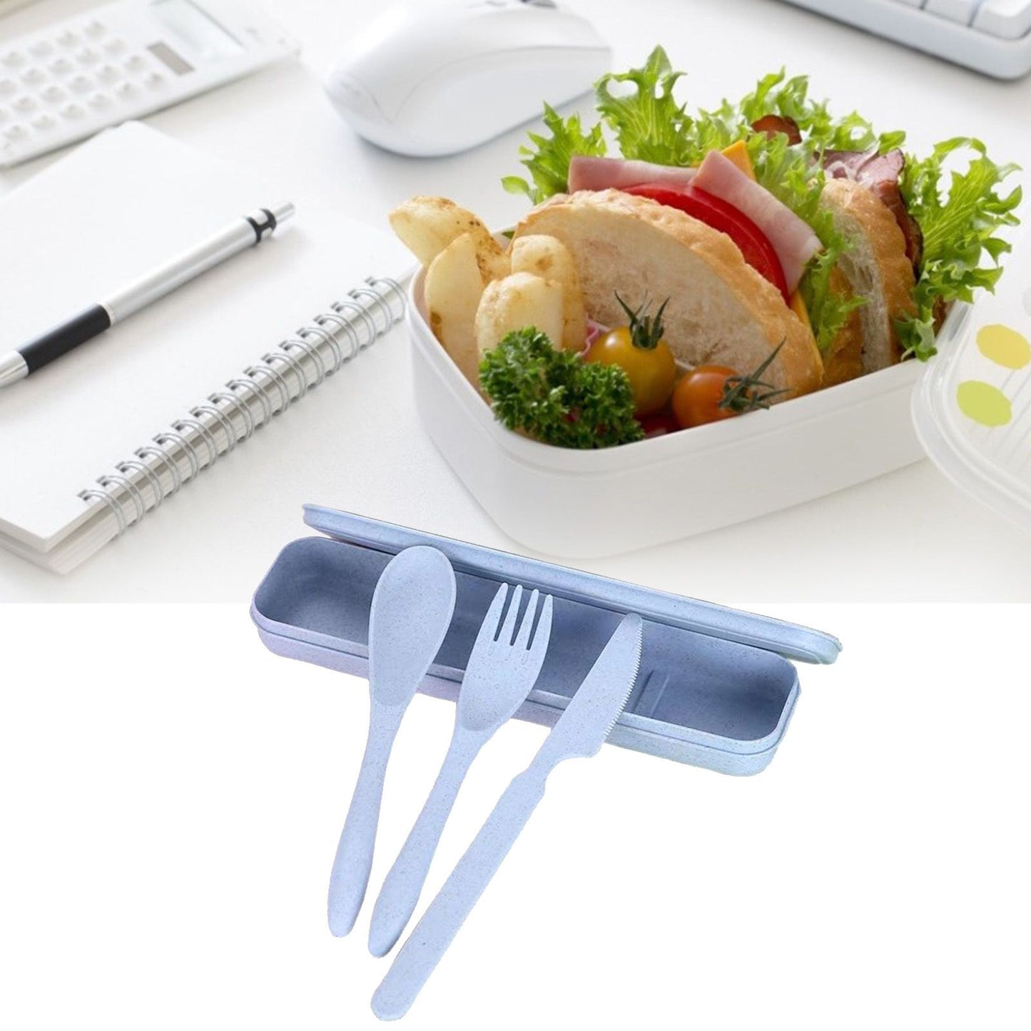 Wheat Straw Cutlery Set Modern Portable Fork Spoon Knife Tableware with Box for Office School Picnic Blue V1294-YM0512-3118220277312