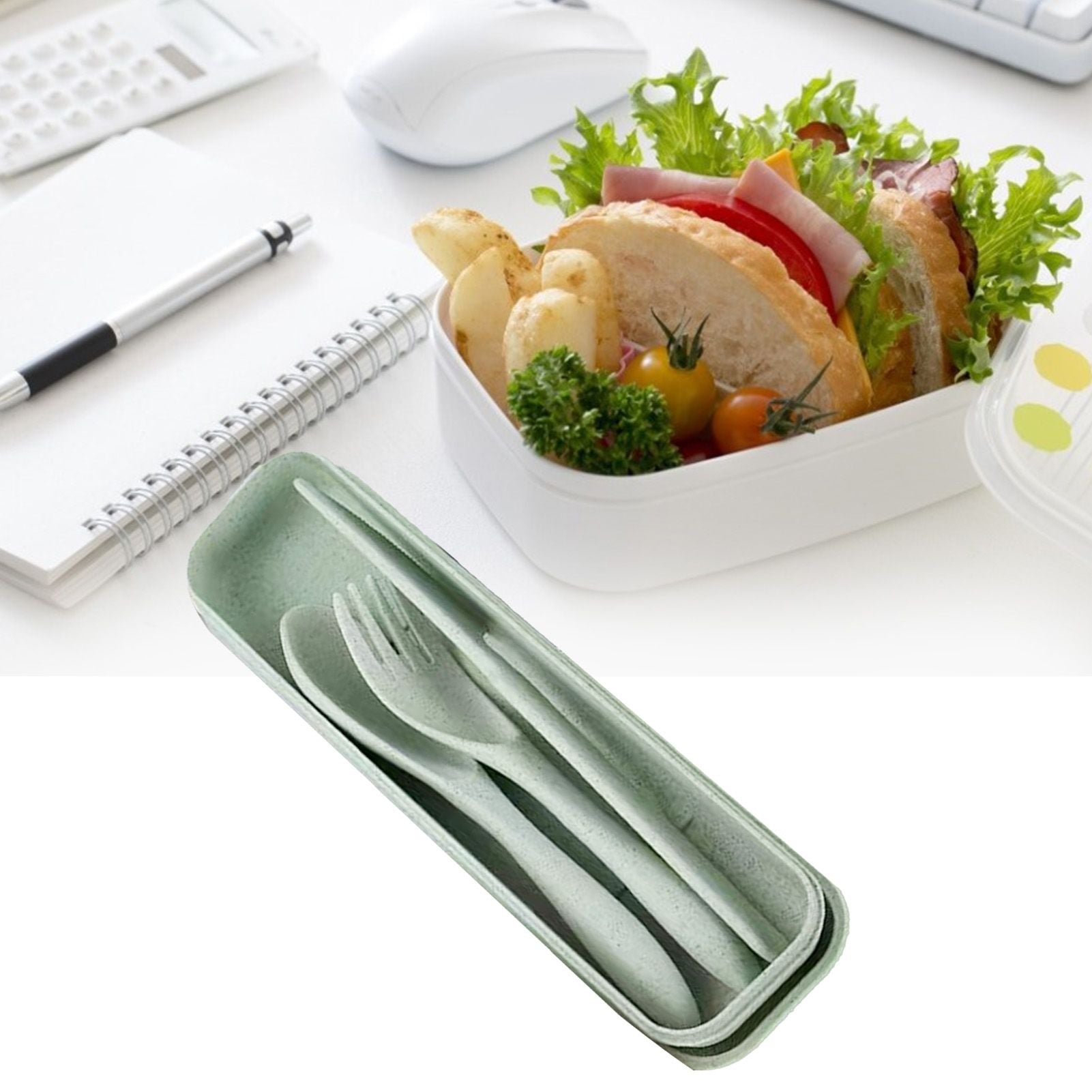 Wheat Straw Cutlery Set Modern Portable Fork Spoon Knife Tableware with Box for Office School Picnic Green V1294-YM0512-3118220277313