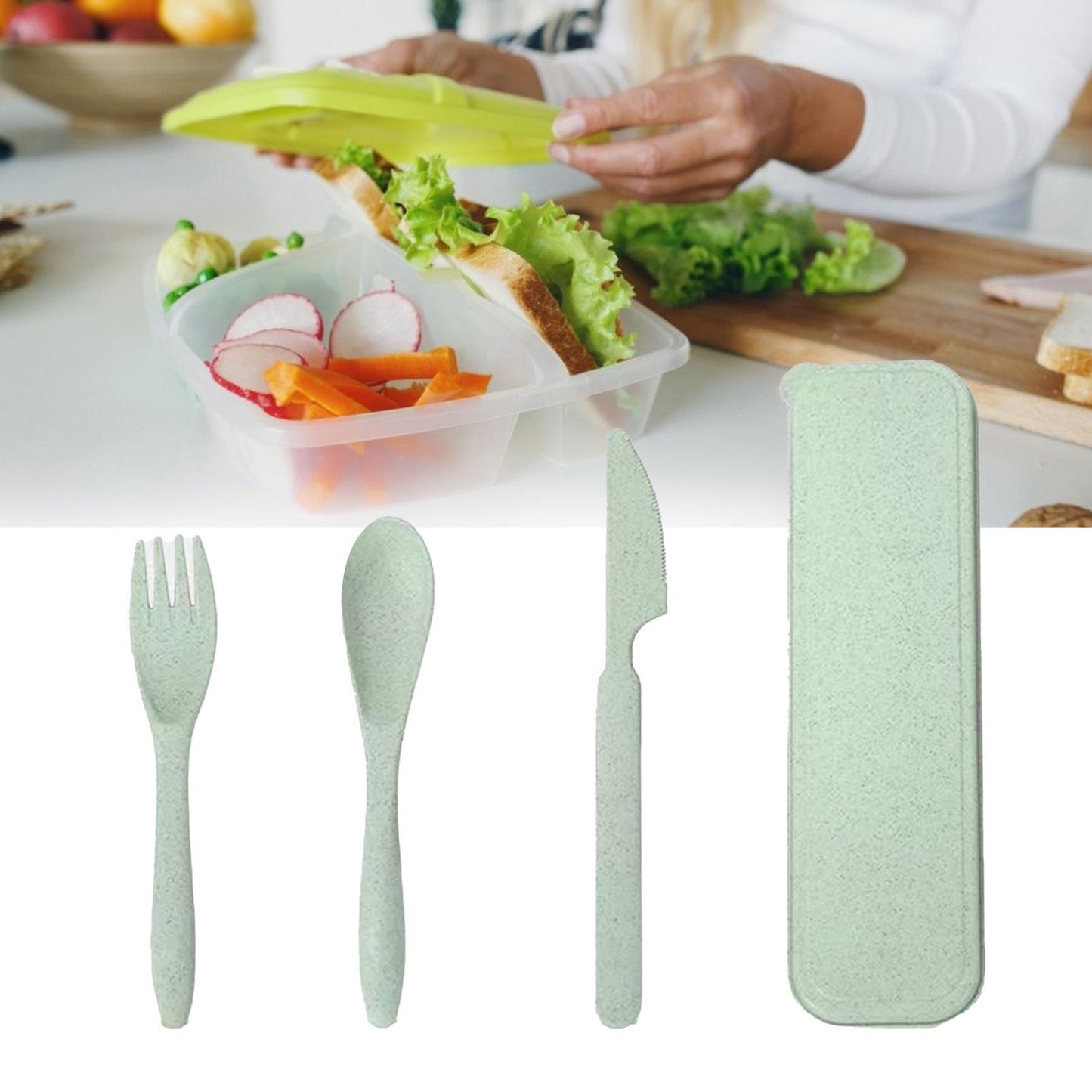 Wheat Straw Cutlery Set Modern Portable Fork Spoon Knife Tableware with Box for Office School Picnic Green V1294-YM0512-3118220277313