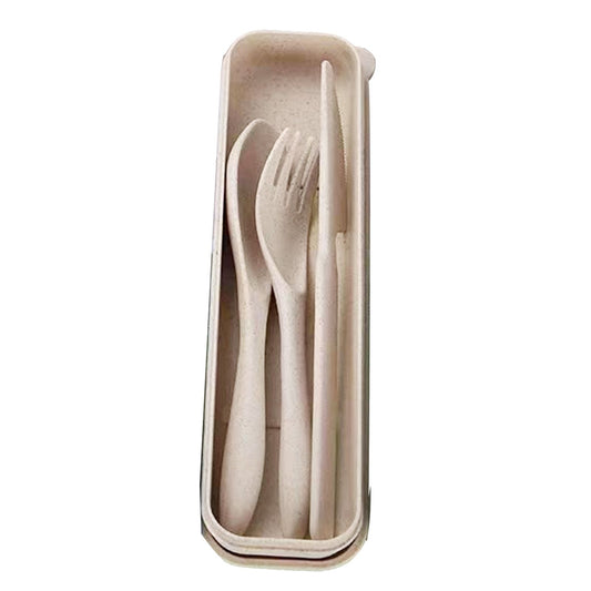 Wheat Straw Cutlery Set Modern Portable Fork Spoon Knife Tableware with Box for Office School Picnic Beige V1294-YM0512-3118220277314