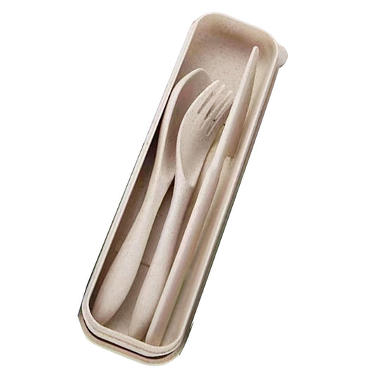 Wheat Straw Cutlery Set Modern Portable Fork Spoon Knife Tableware with Box for Office School Picnic Beige V1294-YM0512-3118220277314