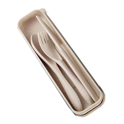Wheat Straw Cutlery Set Modern Portable Fork Spoon Knife Tableware with Box for Office School Picnic Beige V1294-YM0512-3118220277314