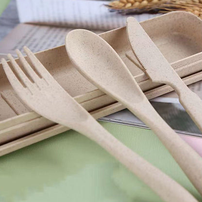 Wheat Straw Cutlery Set Modern Portable Fork Spoon Knife Tableware with Box for Office School Picnic Beige V1294-YM0512-3118220277314