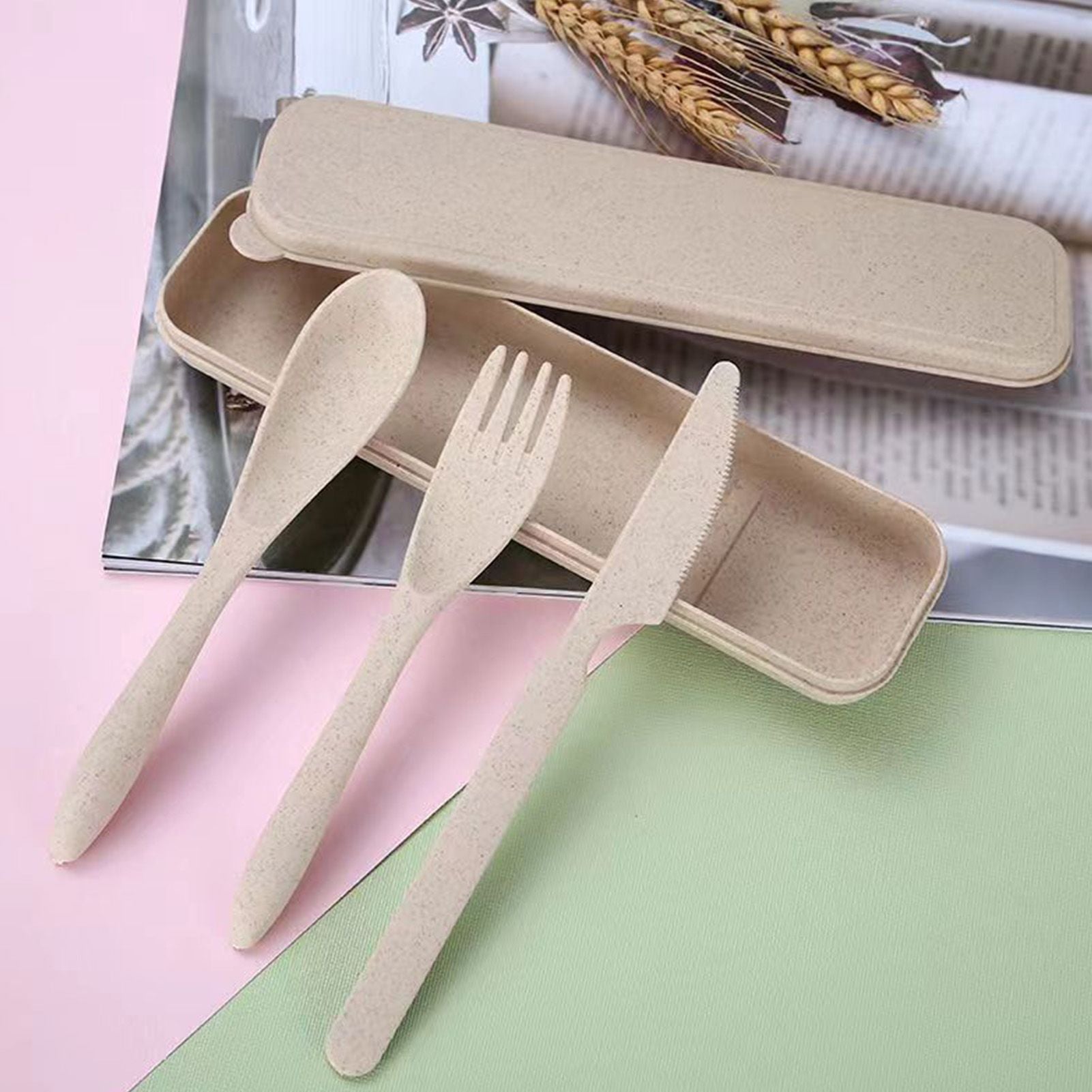 Wheat Straw Cutlery Set Modern Portable Fork Spoon Knife Tableware with Box for Office School Picnic Beige V1294-YM0512-3118220277314
