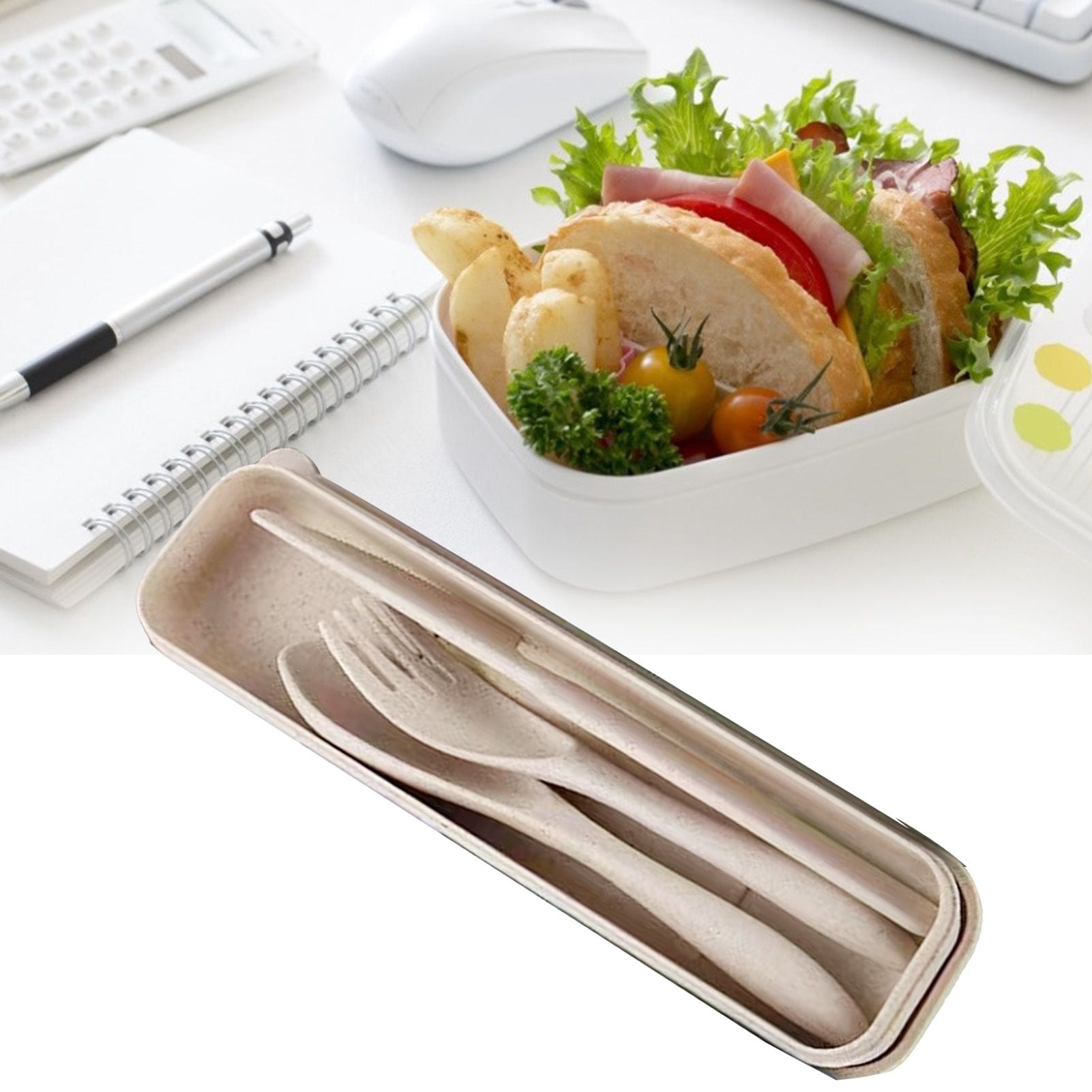 Wheat Straw Cutlery Set Modern Portable Fork Spoon Knife Tableware with Box for Office School Picnic Beige V1294-YM0512-3118220277314