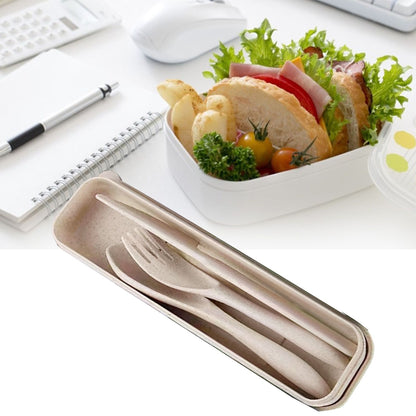 Wheat Straw Cutlery Set Modern Portable Fork Spoon Knife Tableware with Box for Office School Picnic Beige V1294-YM0512-3118220277314
