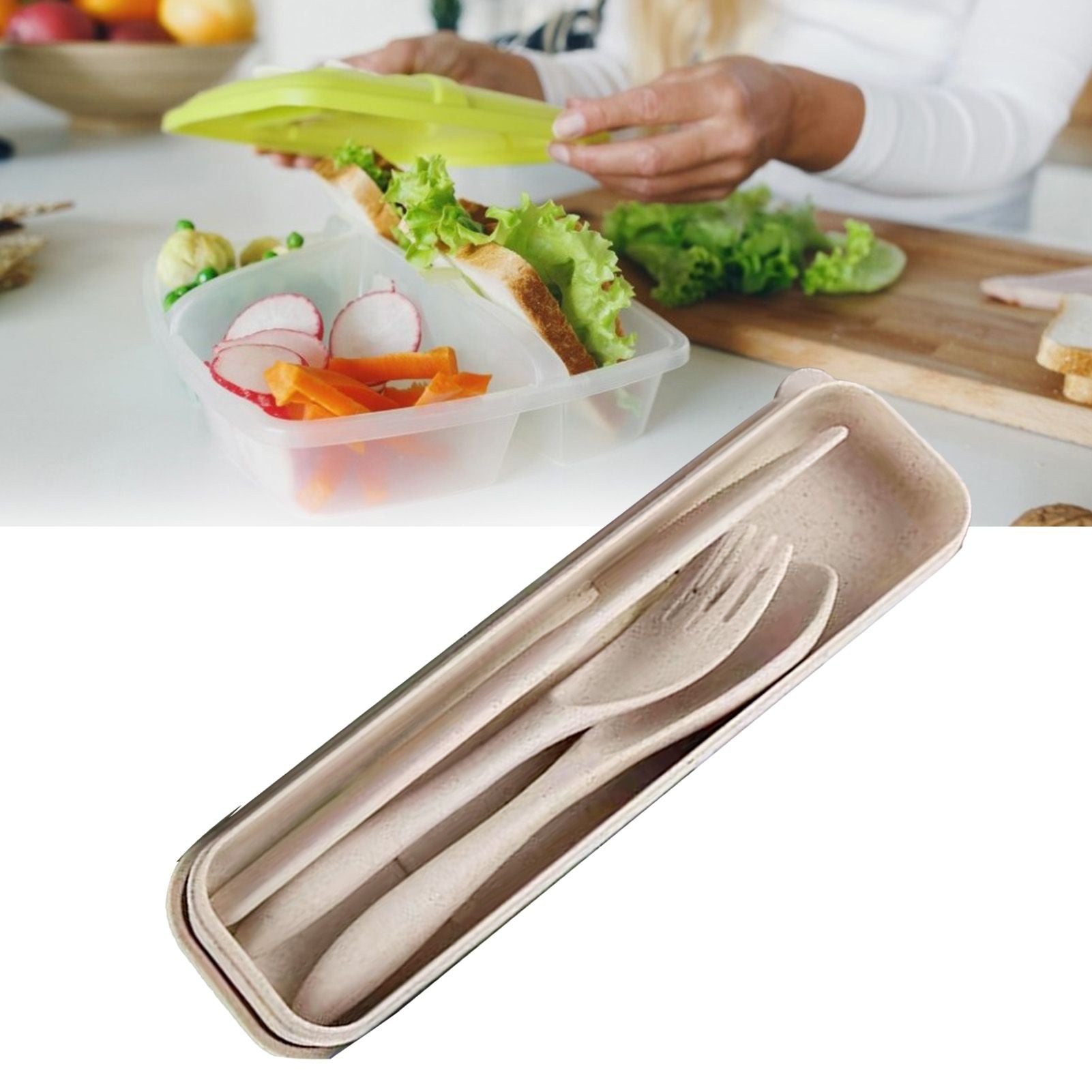 Wheat Straw Cutlery Set Modern Portable Fork Spoon Knife Tableware with Box for Office School Picnic Beige V1294-YM0512-3118220277314