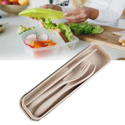 Wheat Straw Cutlery Set Modern Portable Fork Spoon Knife Tableware with Box for Office School Picnic Beige V1294-YM0512-3118220277314