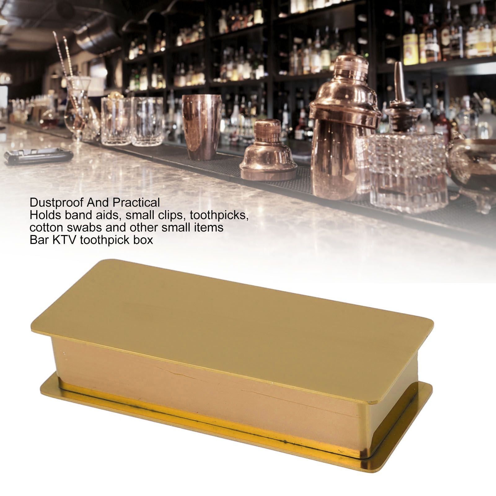 Toothpick Holder Stainless Steel Rectangular Toothpick Holder with Lid for Home Bar Hotel Restaurant Gold V1294-YM0512-3118220282813