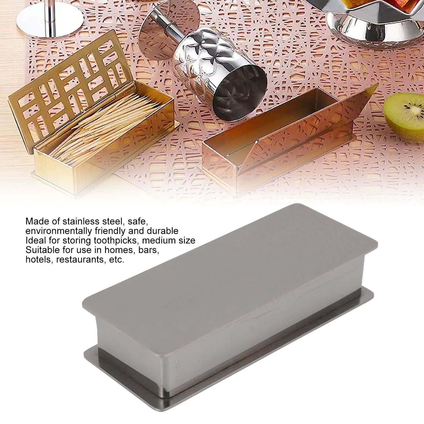 Toothpick Holder Stainless Steel Rectangular Toothpick Holder with Lid for Home Bar Hotel Restaurant Silver V1294-YM0512-3118220282814