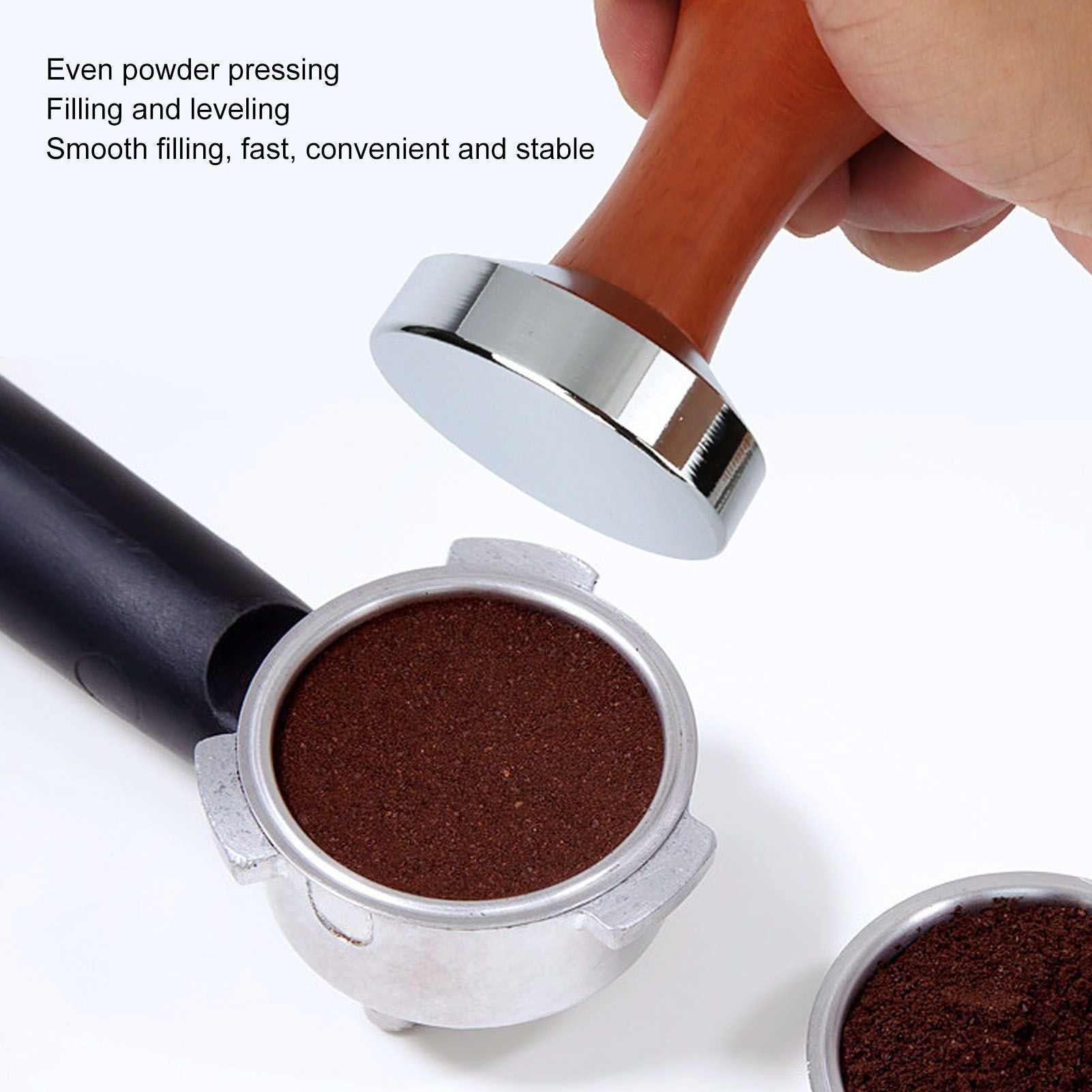 304 Stainless Steel Flat Base Coffee Tamper Wooden Handle Coffee Press Hammer for Home Shop V1294-YM0512-3118220286011