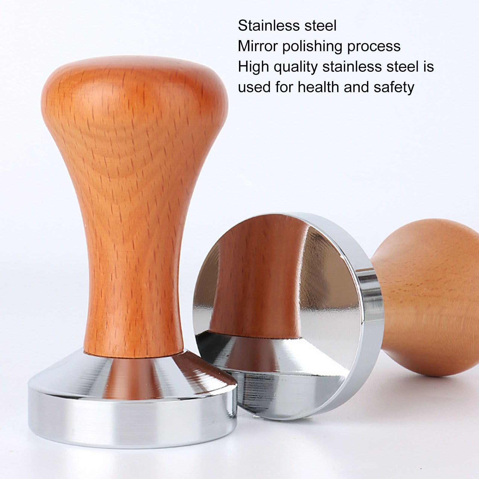 304 Stainless Steel Flat Base Coffee Tamper Wooden Handle Coffee Press Hammer for Home Shop V1294-YM0512-3118220286011