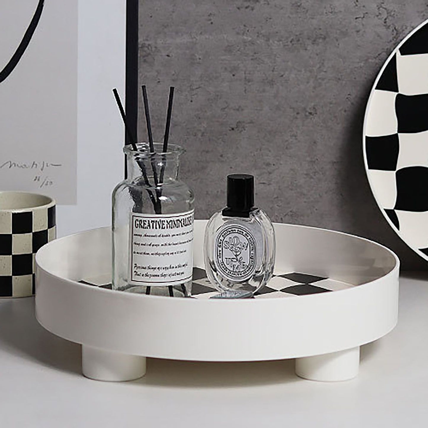 Round Storage Organizer Tray Checkerboard Design Plate Container Tray for Fruit Perfume Jewelry White, Large V1294-YM0512-3118220287011