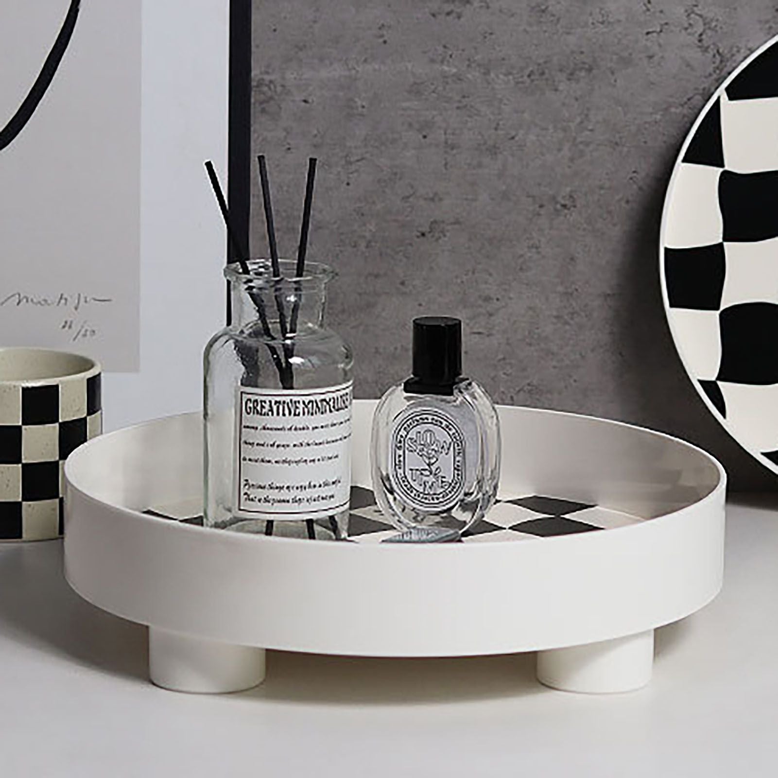Round Storage Organizer Tray Checkerboard Design Plate Container Tray for Fruit Perfume Jewelry White, Large V1294-YM0512-3118220287011