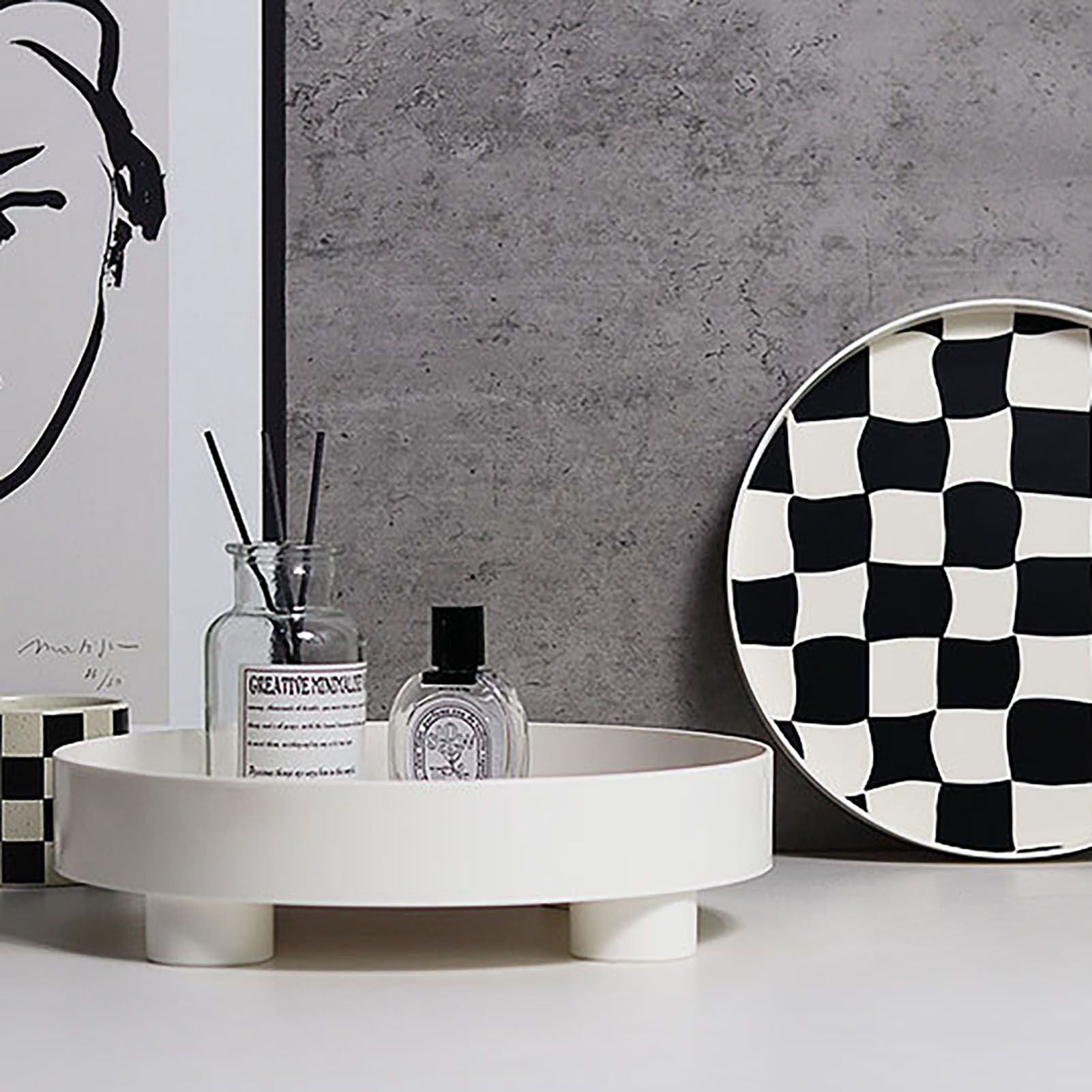 Round Storage Organizer Tray Checkerboard Design Plate Container Tray for Fruit Perfume Jewelry White, Large V1294-YM0512-3118220287011