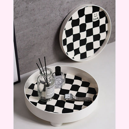 Round Storage Organizer Tray Checkerboard Design Plate Container Tray for Fruit Perfume Jewelry White, Large V1294-YM0512-3118220287011