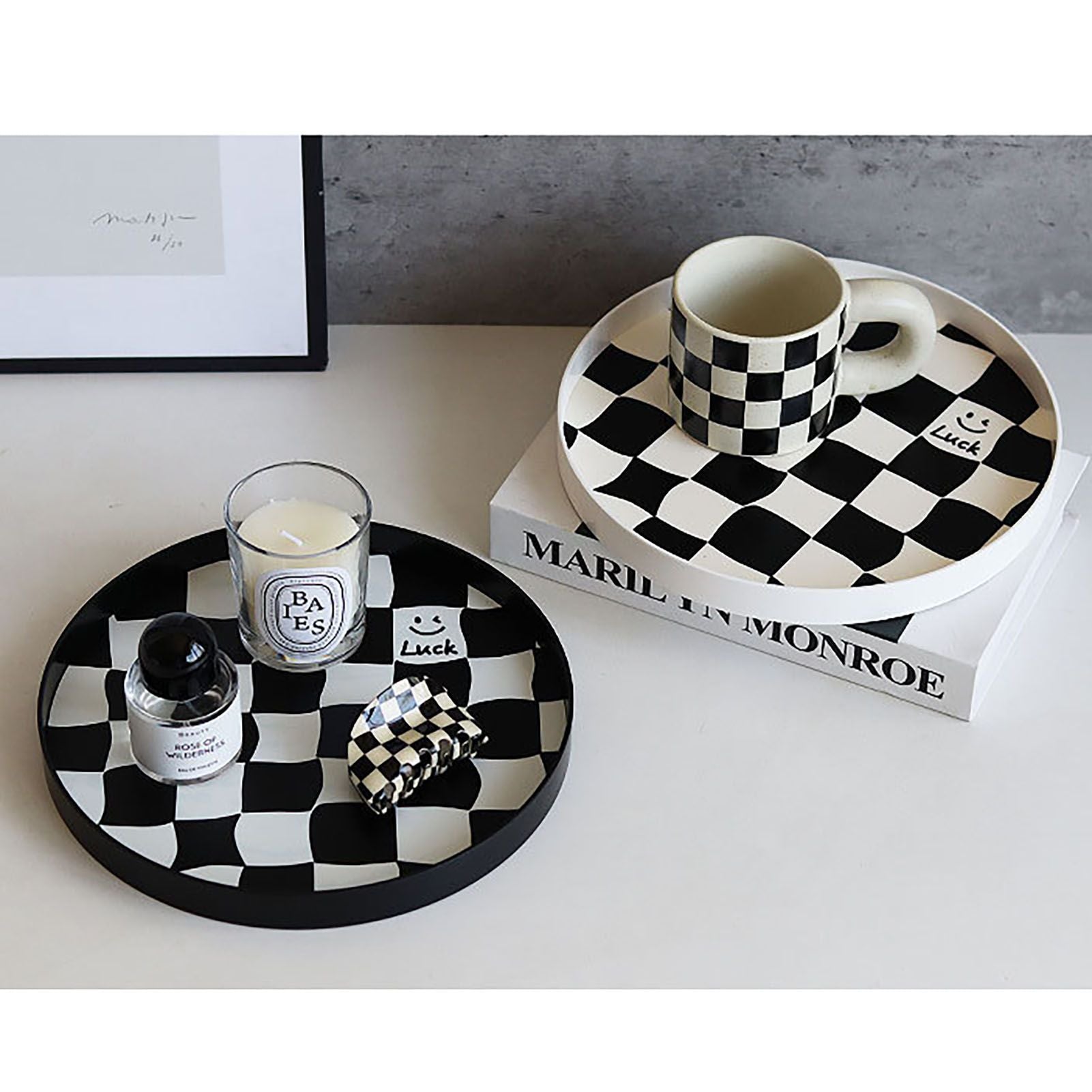 Round Storage Organizer Tray Checkerboard Design Plate Container Tray for Fruit Perfume Jewelry White, Large V1294-YM0512-3118220287011