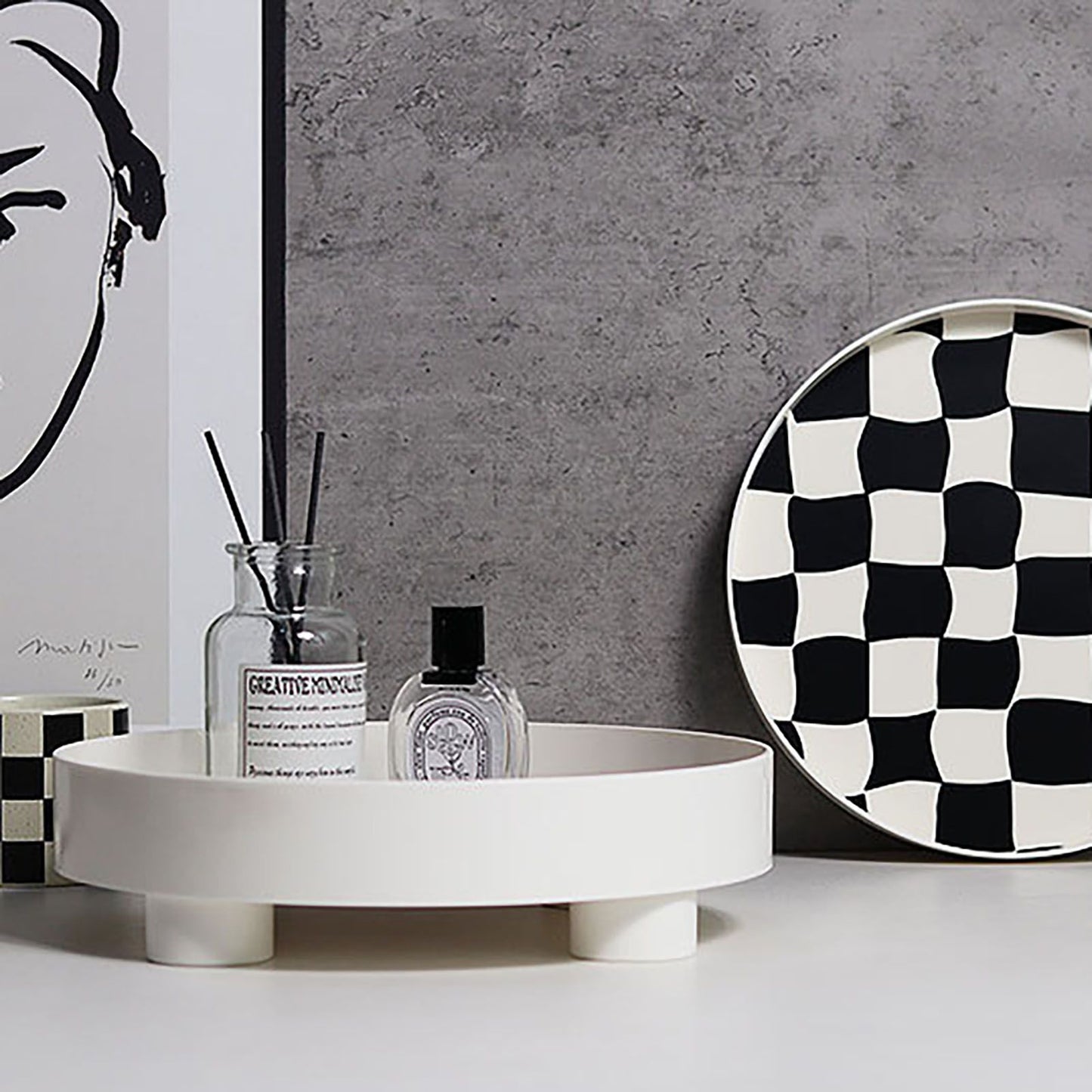 Round Storage Organizer Tray Checkerboard Design Plate Container Tray for Fruit Perfume Jewelry White, Small V1294-YM0512-3118220287012