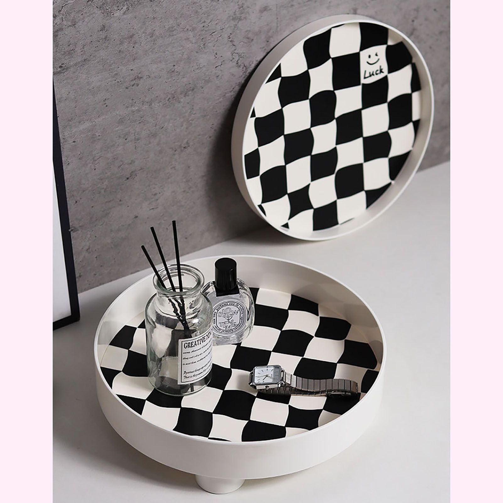 Round Storage Organizer Tray Checkerboard Design Plate Container Tray for Fruit Perfume Jewelry White, Small V1294-YM0512-3118220287012
