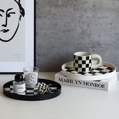 Round Storage Organizer Tray Checkerboard Design Plate Container Tray for Fruit Perfume Jewelry White, Small V1294-YM0512-3118220287012