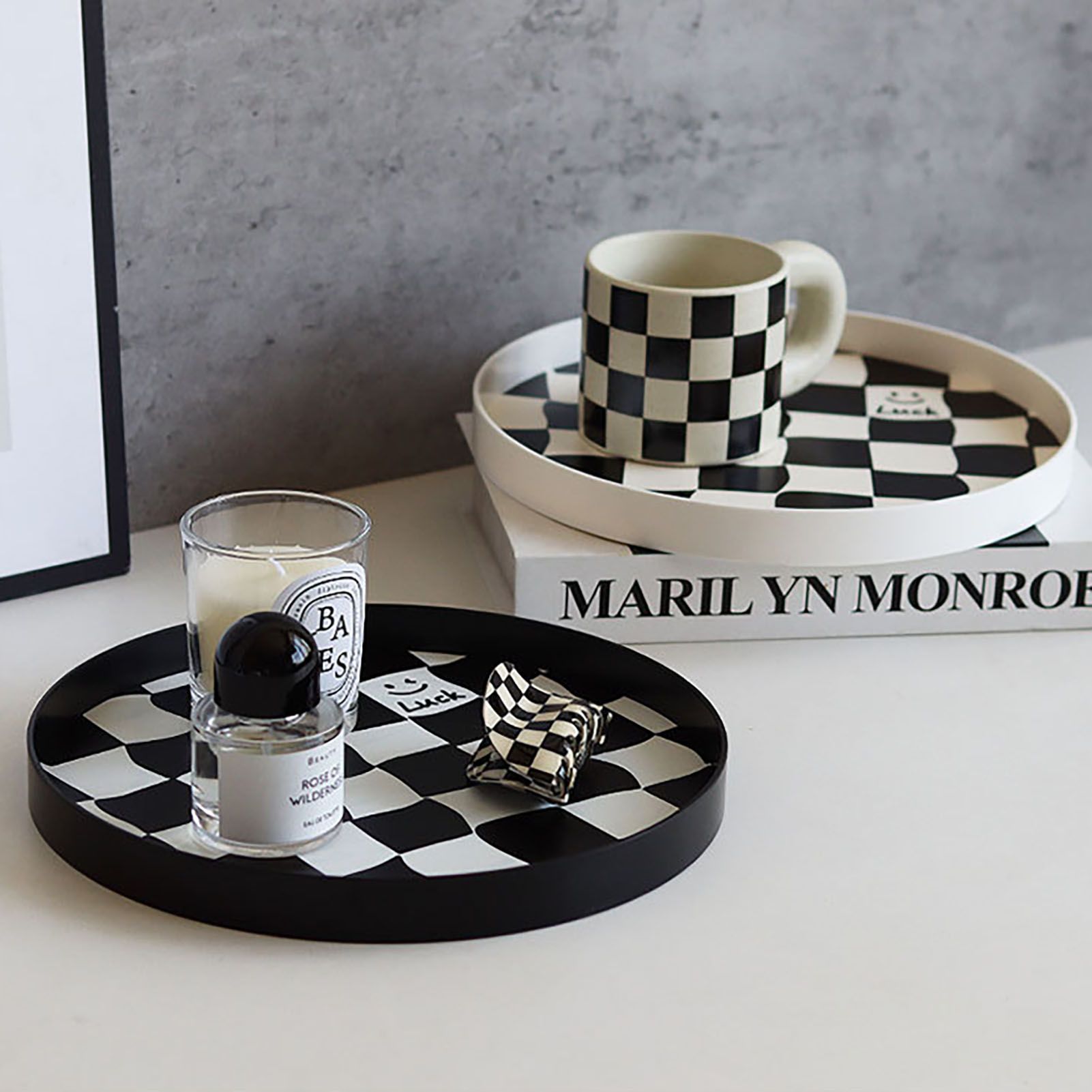 Round Storage Organizer Tray Checkerboard Design Plate Container Tray for Fruit Perfume Jewelry White, Small V1294-YM0512-3118220287012