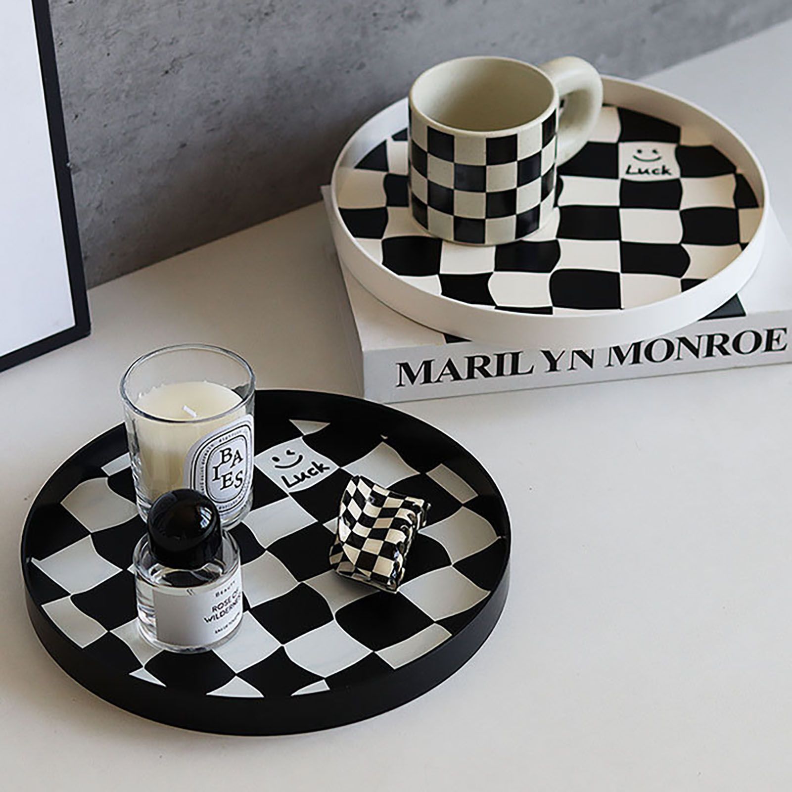 Round Storage Organizer Tray Checkerboard Design Plate Container Tray for Fruit Perfume Jewelry White, Small V1294-YM0512-3118220287012