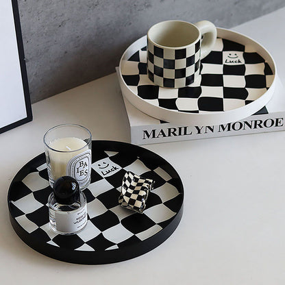 Round Storage Organizer Tray Checkerboard Design Plate Container Tray for Fruit Perfume Jewelry White, Small V1294-YM0512-3118220287012