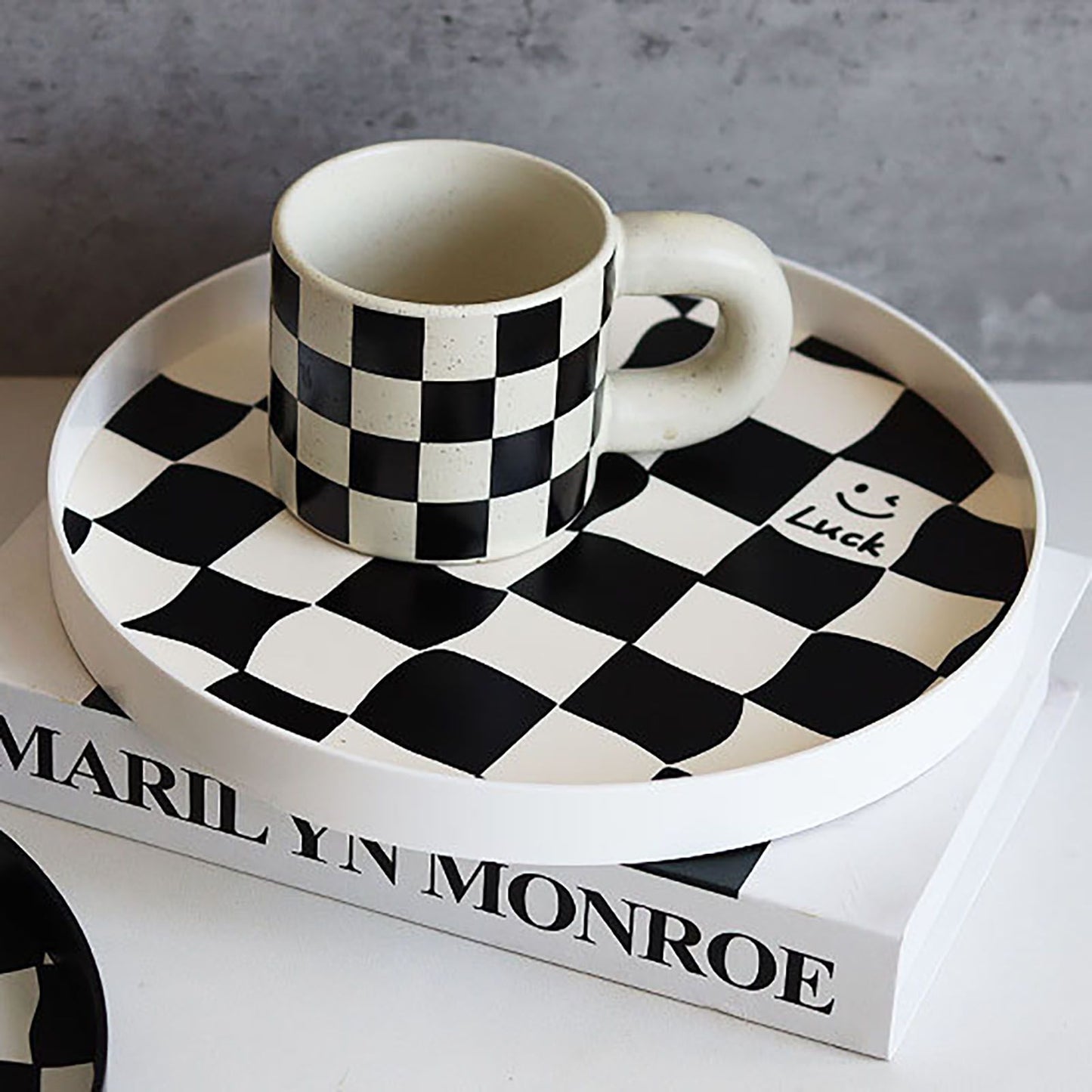 Round Storage Organizer Tray Checkerboard Design Plate Container Tray for Fruit Perfume Jewelry White, Small V1294-YM0512-3118220287012