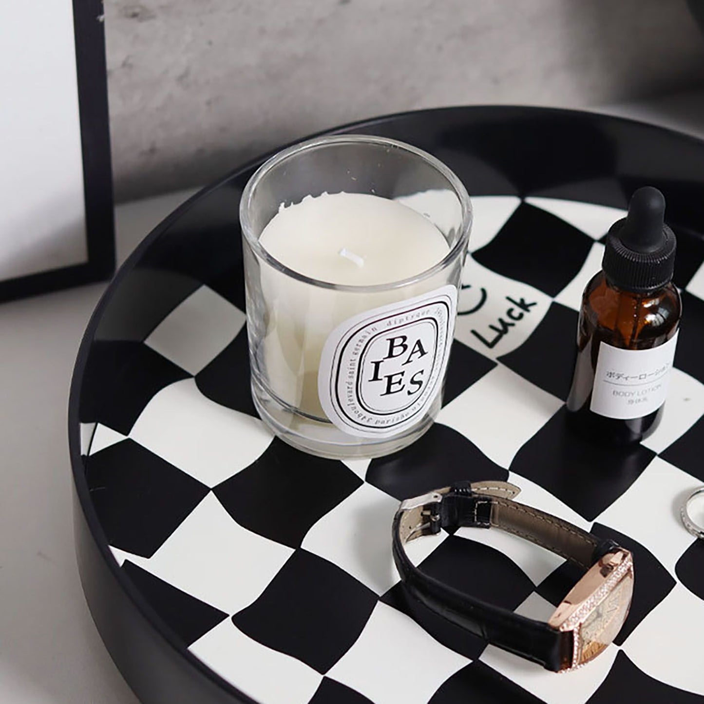 Round Storage Organizer Tray Checkerboard Design Plate Container Tray for Fruit Perfume Jewelry Black, Large V1294-YM0512-3118220287013