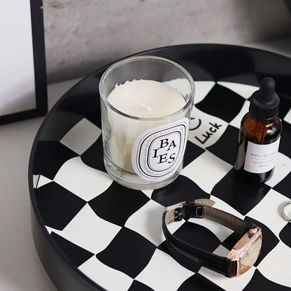Round Storage Organizer Tray Checkerboard Design Plate Container Tray for Fruit Perfume Jewelry Black, Large V1294-YM0512-3118220287013