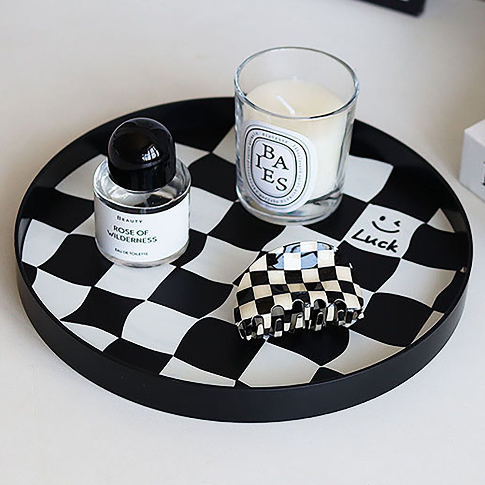 Round Storage Organizer Tray Checkerboard Design Plate Container Tray for Fruit Perfume Jewelry Black, Large V1294-YM0512-3118220287013