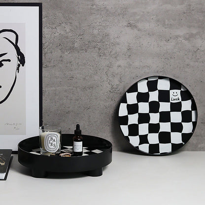 Round Storage Organizer Tray Checkerboard Design Plate Container Tray for Fruit Perfume Jewelry Black, Large V1294-YM0512-3118220287013