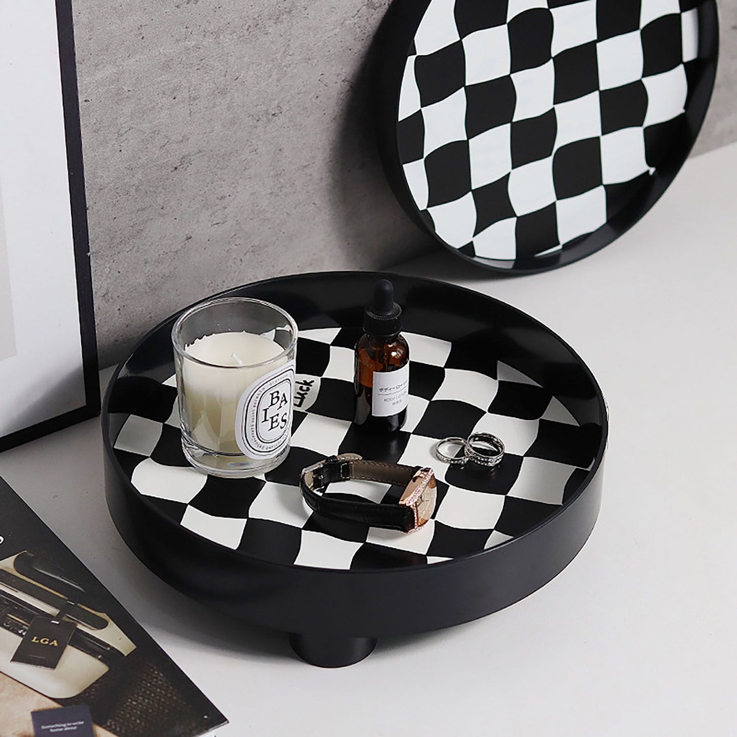 Round Storage Organizer Tray Checkerboard Design Plate Container Tray for Fruit Perfume Jewelry Black, Large V1294-YM0512-3118220287013
