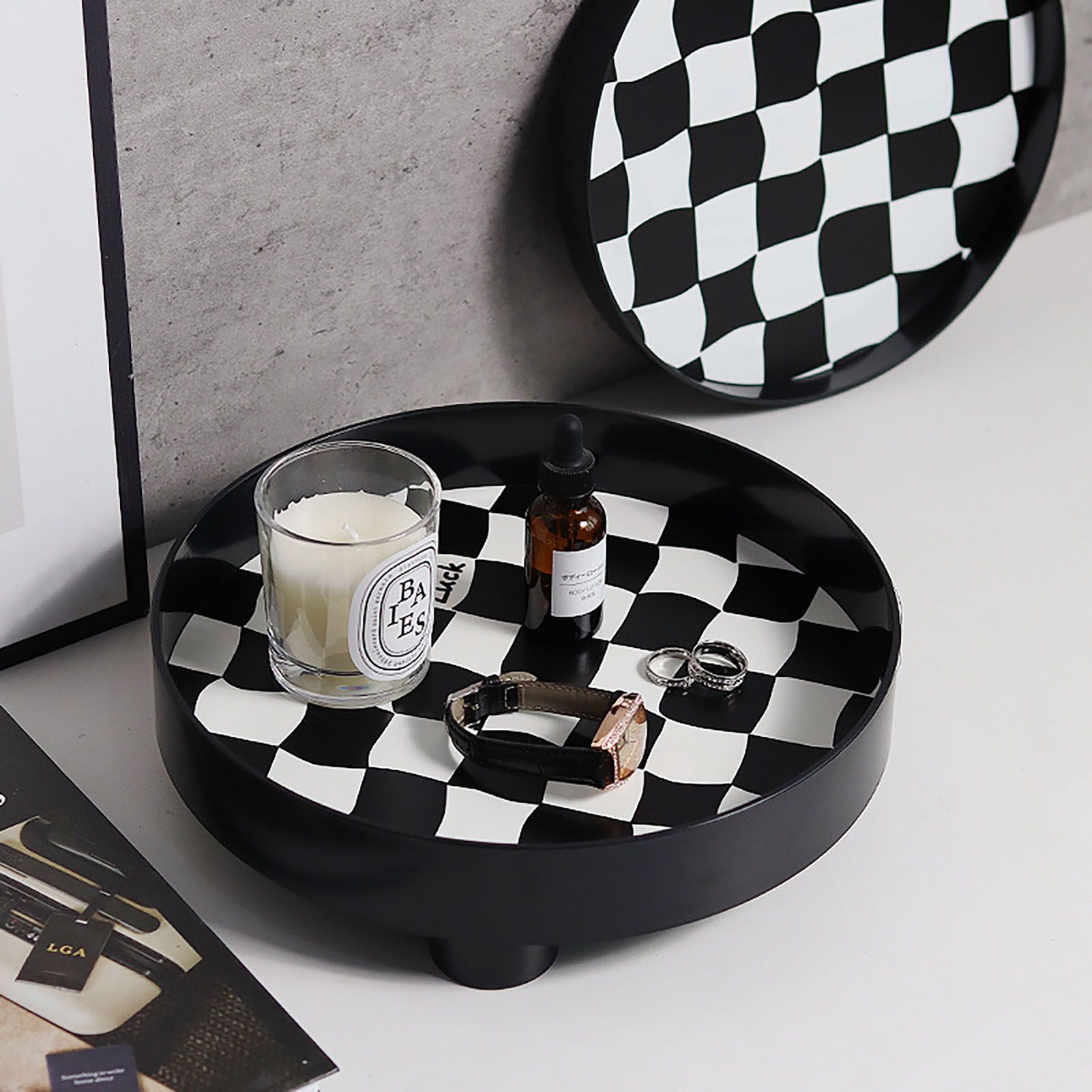 Round Storage Organizer Tray Checkerboard Design Plate Container Tray for Fruit Perfume Jewelry Black, Large V1294-YM0512-3118220287013