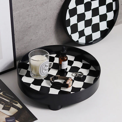 Round Storage Organizer Tray Checkerboard Design Plate Container Tray for Fruit Perfume Jewelry Black, Large V1294-YM0512-3118220287013