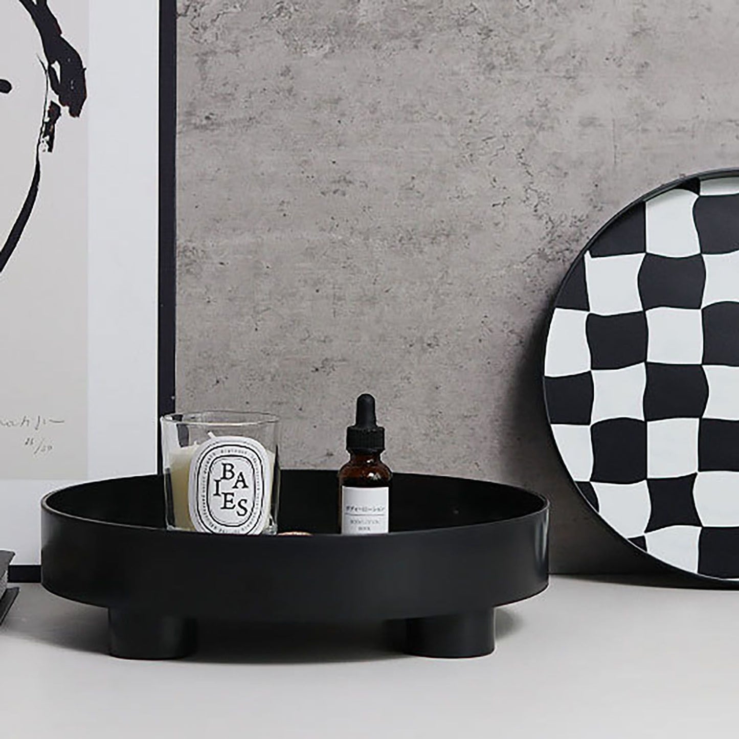 Round Storage Organizer Tray Checkerboard Design Plate Container Tray for Fruit Perfume Jewelry Black, Small V1294-YM0512-3118220287014