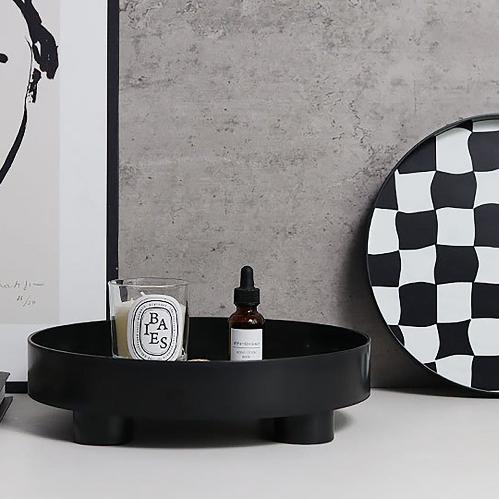 Round Storage Organizer Tray Checkerboard Design Plate Container Tray for Fruit Perfume Jewelry Black, Small V1294-YM0512-3118220287014