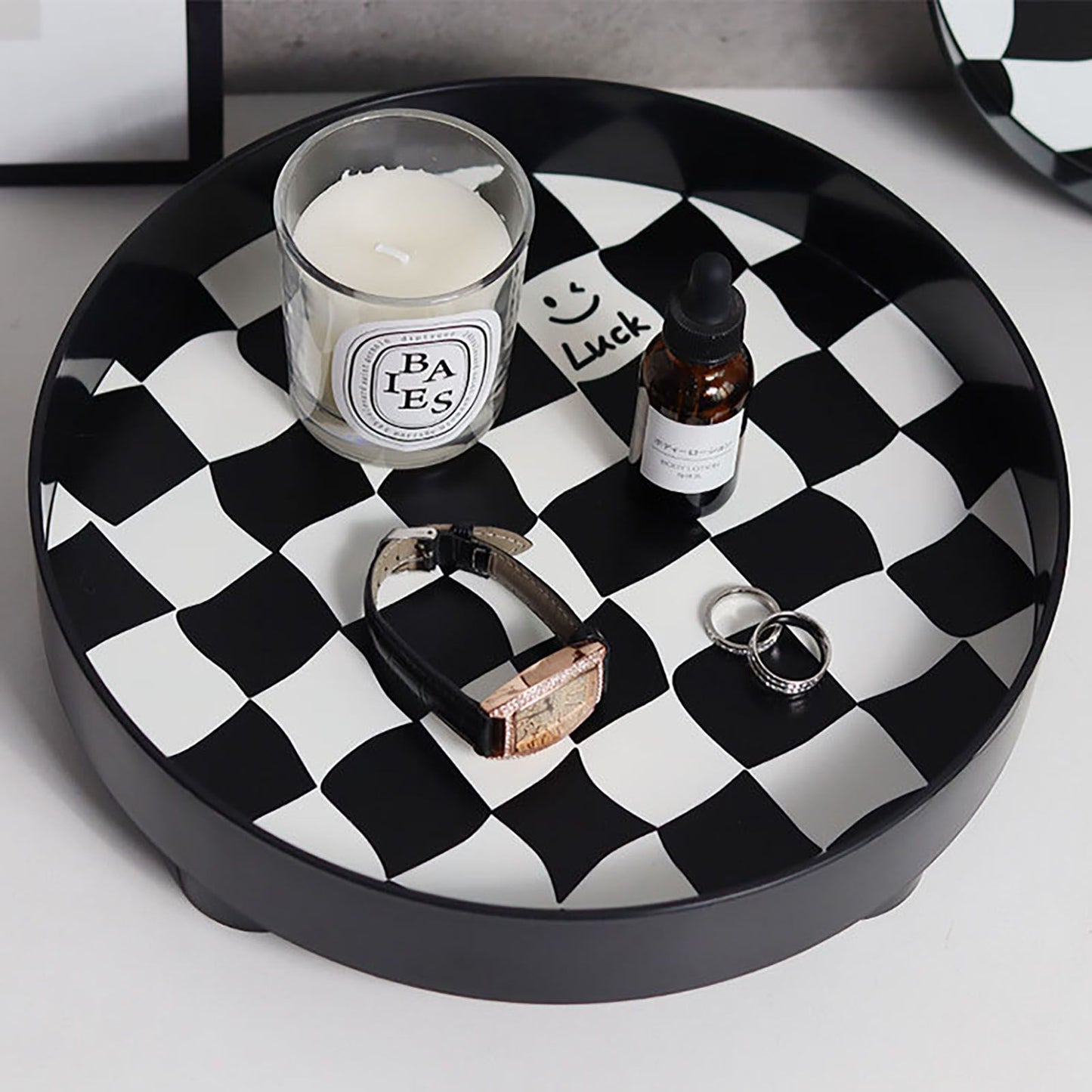 Round Storage Organizer Tray Checkerboard Design Plate Container Tray for Fruit Perfume Jewelry Black, Small V1294-YM0512-3118220287014
