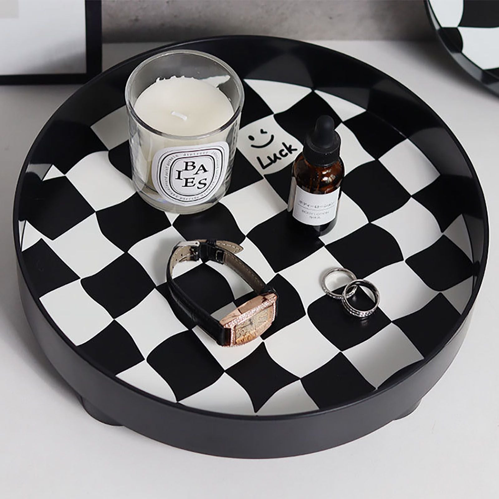 Round Storage Organizer Tray Checkerboard Design Plate Container Tray for Fruit Perfume Jewelry Black, Small V1294-YM0512-3118220287014
