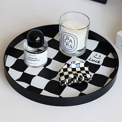 Round Storage Organizer Tray Checkerboard Design Plate Container Tray for Fruit Perfume Jewelry Black, Small V1294-YM0512-3118220287014