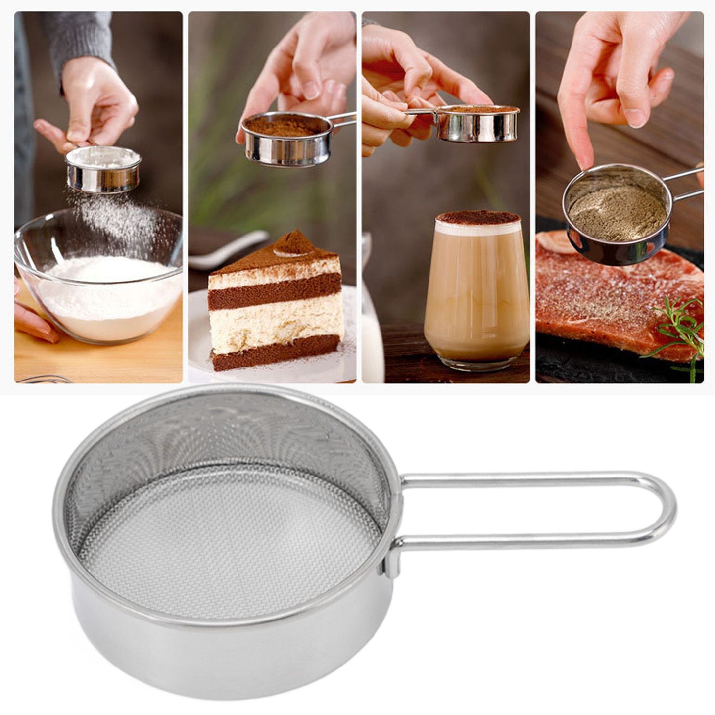 Flour Sieve Strainer 304 Stainless Steel Lightweight Easy Cleaning Ergonomic Handle Mesh Round Sifter for V1294-YM0512-3118220289111