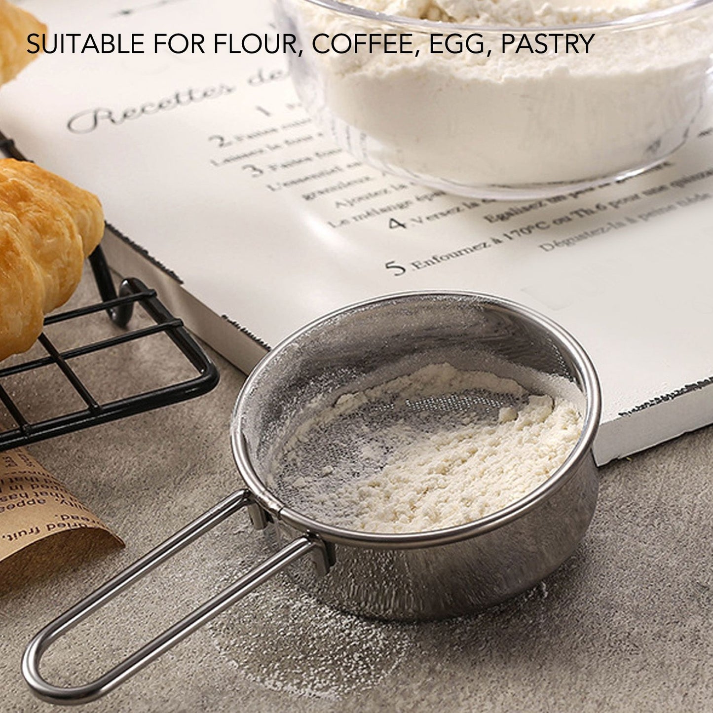 Flour Sieve Strainer 304 Stainless Steel Lightweight Easy Cleaning Ergonomic Handle Mesh Round Sifter for V1294-YM0512-3118220289111