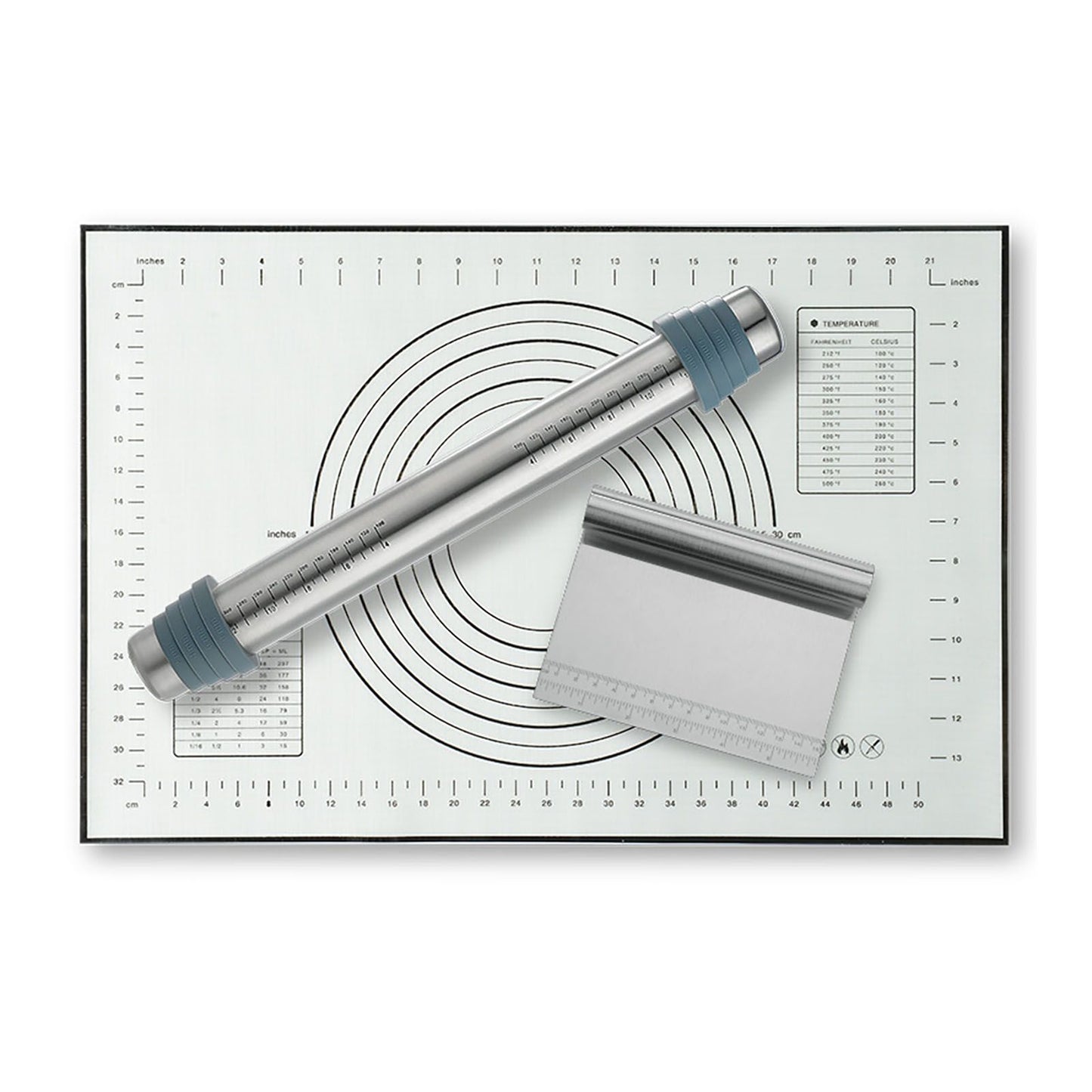 Adjustable Thicknes Flour Rolling Pin with Scale Mat Dough Scraper 430 Stainless Steel Cooking Tools Baking V1294-YM0512-3118220296611