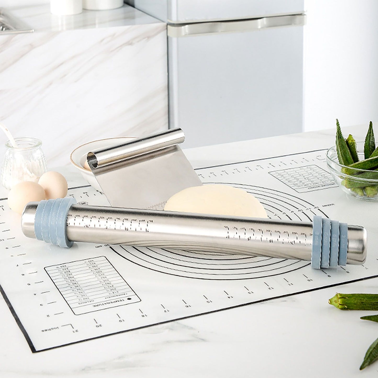 Adjustable Thicknes Flour Rolling Pin with Scale Mat Dough Scraper 430 Stainless Steel Cooking Tools Baking V1294-YM0512-3118220296611