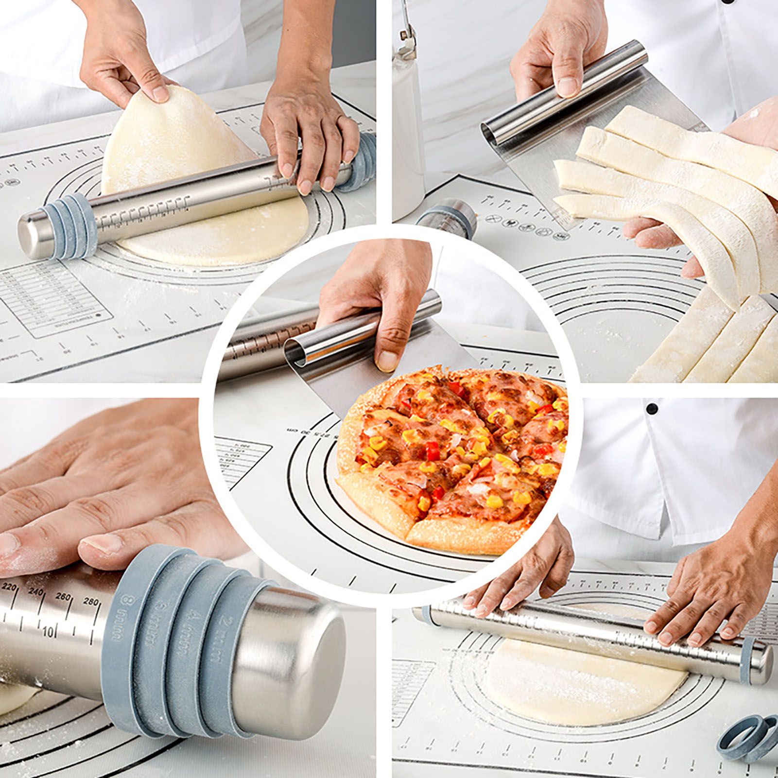 Adjustable Thicknes Flour Rolling Pin with Scale Mat Dough Scraper 430 Stainless Steel Cooking Tools Baking V1294-YM0512-3118220296611